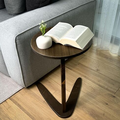 C-Shaped Handmade Solid Wood End Table, Side Table for Couches, Sofa Tables Slide Under Couch for Living Room, Over Couch TV Tray Table for Small Spaces (Medium, Chestnut) in Kuwait