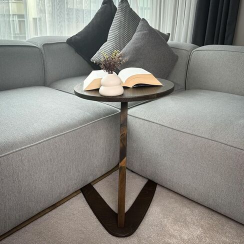 C-Shaped Handmade Solid Wood End Table, Side Table for Couches, Sofa Tables Slide Under Couch for Living Room, Over Couch TV Tray Table for Small Spaces (Medium, Chestnut) in Kuwait