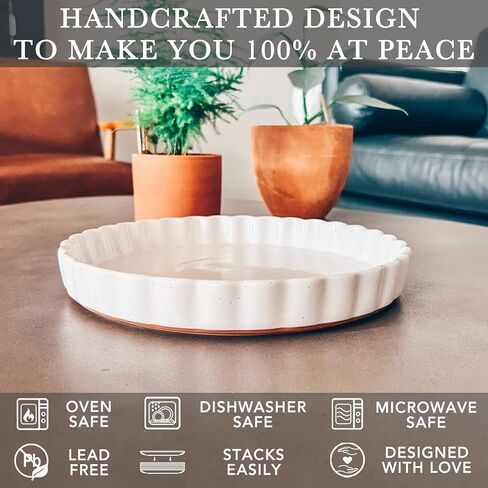 Mora Ceramic Tart Pan, 9.5 Inch Large Porcelain Baking Dish for Tarts, Quiche, Pie, Flan etc. Fluted Ruffled Edge, Oven, Microwave, Freezer, and Dishwasher safe - Great Gift For Bakers - Earl Grey in Kuwait