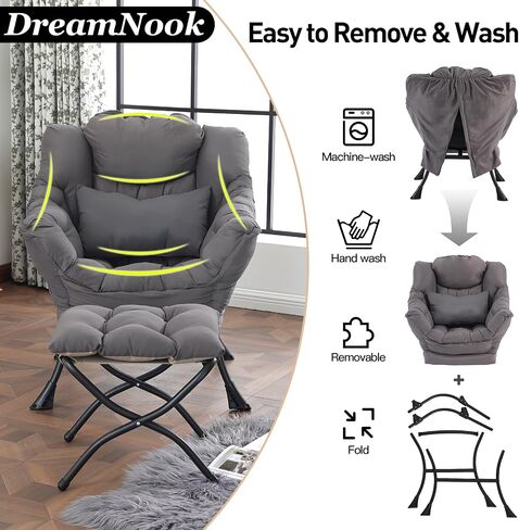 Lazy Chair with Ottoman, Modern Accent Chair with Lumbar Pillow, Comfy Chair with Folding Footrest for Bedroom, Reading, Oversized Supportive Lounge Chair(Beige) in Saudi Arabia
