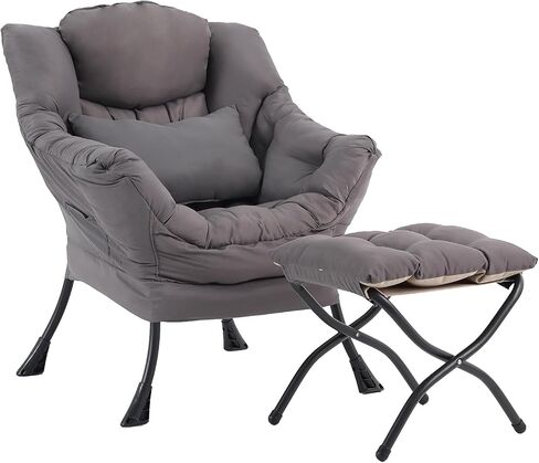 Lazy Chair with Ottoman, Modern Accent Chair with Lumbar Pillow, Comfy Chair with Folding Footrest for Bedroom, Reading, Oversized Supportive Lounge Chair(Beige) in Saudi Arabia