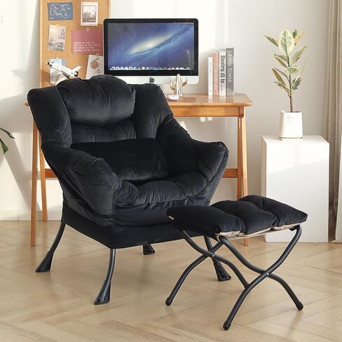 Lazy Chair with Ottoman, Modern Accent Chair with Lumbar Pillow, Comfy Chair with Folding Footrest for Bedroom, Reading, Oversized Supportive Lounge Chair(Beige) in Saudi Arabia
