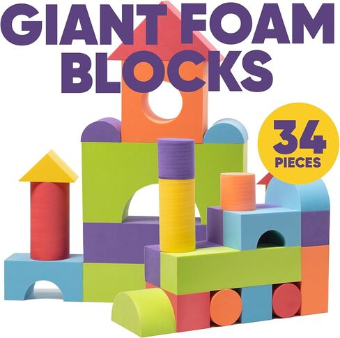 Set of 34 Jumbo Large Foam Blocks for Toddlers - Stacking Soft Blocks for Kids with Shapes & Colors Learning - Construction Building Preschool Toys - Giant Foam Bath Blocks for Toddlers 3-5 & above in Kuwait