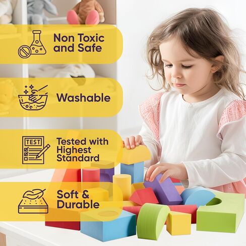 Set of 34 Jumbo Large Foam Blocks for Toddlers - Stacking Soft Blocks for Kids with Shapes & Colors Learning - Construction Building Preschool Toys - Giant Foam Bath Blocks for Toddlers 3-5 & above in Kuwait