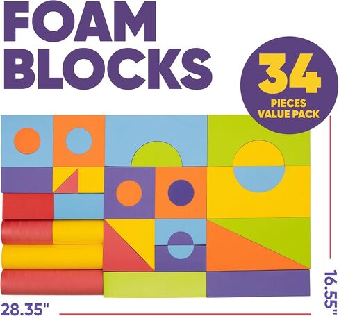 Set of 34 Jumbo Large Foam Blocks for Toddlers - Stacking Soft Blocks for Kids with Shapes & Colors Learning - Construction Building Preschool Toys - Giant Foam Bath Blocks for Toddlers 3-5 & above in Kuwait