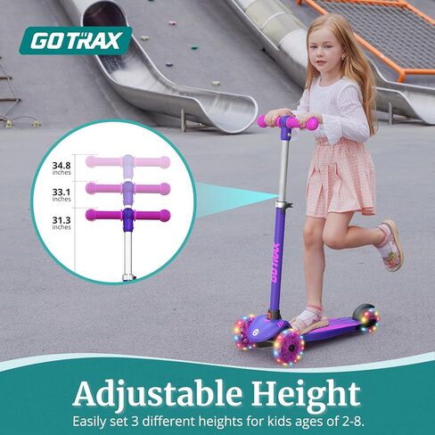 Gotrax KS1 Kids Kick Kick Scooter ، عجلات مضاءة LED و 3 مقاود قابلة للتعديل ، و Lean-to-Steer ومتوسع سطح السفينة مضاد للانزلاق ، و 3 عجلات الدراجات البخارية للبنين والبنات تتراوح أعمارهم بين 2 و 8 و 100 رطل in Kuwait