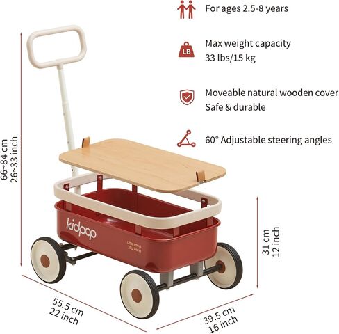 PULA-Wild 3-in-1 Kids' Pull-Along Wagon Toddlers Push Walker for 2.5-8, Removable Wooden Cover and Adjustable Handlebar, Birthday Gifts Max Weight 33 lbs (Red) in Saudi Arabia