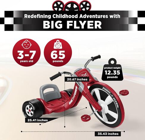 Radio Flyer Deluxe Big Flyer 16 Inch Big Front Wheel Chopper Style Tricycle with Adjustable Seat Recommended for Ages 3 to 7, Red in Saudi Arabia