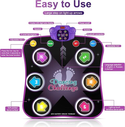 Flooyes Dance Mat Toys for 3-12 Year Old Kids, Electronic Dance Pad with Light-up 8-Button Wireless Bluetooth, Music Dance with 5 Game Modes, Birthday Toys Gifts for 3 4 5 6 7 8 9 10+ Year Old Girls in Kuwait