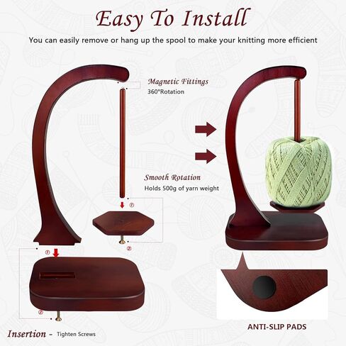 JUCPASH Yarn Ball Holder for Knitting and Crocheting, Wooden Yarn Spinner with Magnetic Metal Twirling Mechanism and Anti-Slip Pads, Crochet Gift for Knitting Lovers in Saudi Arabia