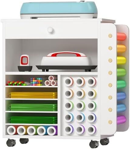 Craft organization and storage Cart Compatible with Cricut Machine, Rolling Craft Organizer With large drawer & 48 Vinyl Roll Holder, Crafting Cabinet Table Workstation for Craft Room Home in Kuwait