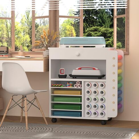 Craft organization and storage Cart Compatible with Cricut Machine, Rolling Craft Organizer With large drawer & 48 Vinyl Roll Holder, Crafting Cabinet Table Workstation for Craft Room Home in Kuwait