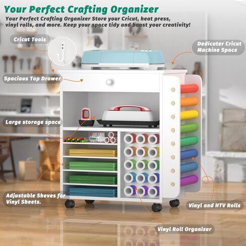 Craft organization and storage Cart Compatible with Cricut Machine, Rolling Craft Organizer With large drawer & 48 Vinyl Roll Holder, Crafting Cabinet Table Workstation for Craft Room Home in Kuwait