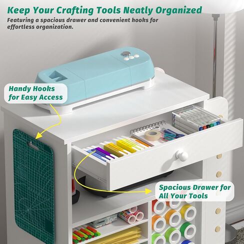 Craft organization and storage Cart Compatible with Cricut Machine, Rolling Craft Organizer With large drawer & 48 Vinyl Roll Holder, Crafting Cabinet Table Workstation for Craft Room Home in Kuwait