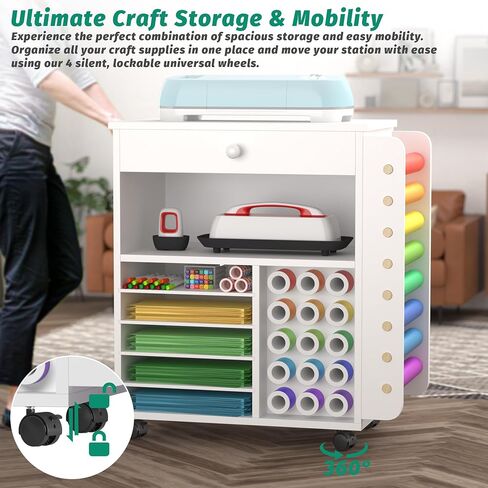 Craft organization and storage Cart Compatible with Cricut Machine, Rolling Craft Organizer With large drawer & 48 Vinyl Roll Holder, Crafting Cabinet Table Workstation for Craft Room Home in Kuwait