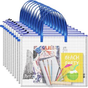 10 Pcs 19x25 Inch Art Portfolio Bag Bulk with Zipper and Handle. Transparent White Bags for Artworks, Posters, Bulletin Boards, and Paintings. Perfect for Art, Back to School, and Storage(Blue)