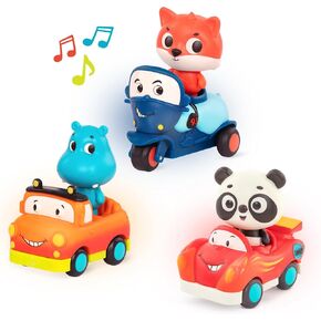 B. toys- Mini Wheeee-ls!- 3 pc Mini Pull-Back Vehicles Set, Bus & Cars, Multi, Hot Rod, School Bus, Police Car- 1 year +