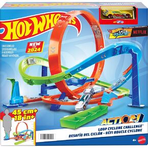 مجموعة مسار السيارات Hot Wheels ، تحدي Cyclone Action Loop ، بطول 18 في ، وطريقتين للعب وتخزين سهلة ، مع 1:64 مركبة مقياس