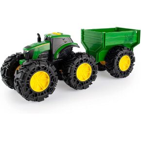 John Deere Monster Treads Tractor Toy with Wagon Toys with Lights and Sounds - Monster Truck Tires - Toddler Toys Ages 3 Years and Up,Red,Green
