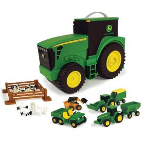 John Deere Value Set and Carrying Case - Portable Tractor-Shaped Carrying Case with 10 Compartments - Farm Toys - 18 Count - 3 Years and Up,Black/ Green/ Yellow