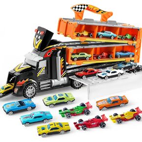 JOYIN Toy Truck for Kids,5-FT Race Track and 12 Die-Cast Metal Toy Cars, Racing Car with Lights & Sounds, Carrier Truck Playset Gift for 2 3 4 5 Years Old Boys and Girls-Black