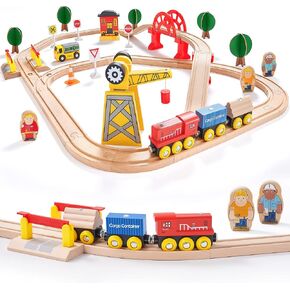 Tiny Land 55PCS Wooden Train Set - Compatible with Major Brand Tracks, Educational Toy for Toddlers & Kids Ages 3-7, Durable Wooden Railway Tracks