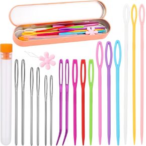 Plastic Large Eye Sewing Needles, Large-Eye Blunt Needles, Bent Tapestry Needles, Yarn Needles Crafting Knitting Stringing Needles with Storage Box and Needle Threader for Knitting Crochet