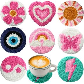 Solsew 8 Pcs Punch Needle Coasters Kit Punch Needle Embroidery Kit for Beginners Adults Including Patterns Tools Yarns Hoop Instruction for Art Craft Supplies Gifts(Moon)