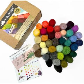 Woolbuddy Felting Wool - Clean, Carded, Assorted Colors Roving for Needle & Wet Felting, Corriedale Wool with 24 Pieces and Guide Card