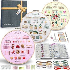 Bradove Embroidery Kit for Beginners, Learn to Embroider 37 Stitches and 13 Cute Patterns, Beginner Embroidery Kit for Adults Kids, Stitches Kit, Bead Embroidery Kit, Beginner Embroidery Practice