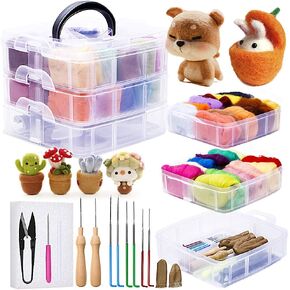 JUPEAN Needle Felting Kit, Wool Roving (5g/Color), Complete Needle Felting Starter Kit with Basic Felt Tools and Supplies Wool Fibre Spinning Craft Wet Felting Material for Beginners