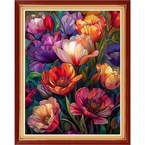 Foxhool Stamped Cross Stitch Kits,11CT Printed Cross Stitch Pattern Full Embroidery Kits for Beginner Needlepoint Kits-Colorful Flowers 16x20 inchs