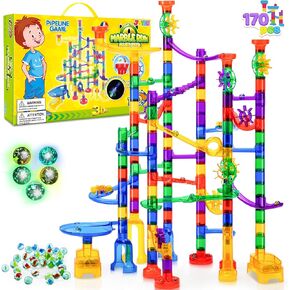 JOYIN 207Pcs Glowing Marble Run, Construction Building Blocks Toys with 5 Glow in The Dark Glass Marbles, STEM Toy for Boys and Girls, Educational Toy(147 Plastic Pieces + 60 Glass Marbles)