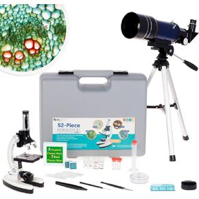 AMSCOPE 120X-1200X 52-PCS مجموعة جذع للمبتدئين مع مجهر جسم معدني ، شرائح بلاستيكية ، ضوء LED وصندوق حمل (M30-ABS-KT2-W) ، أبيض