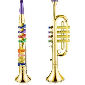 Amylove Set of 2 Musical Instruments Including Toy Clarinet and Trumpet, Plastic, Portable, 8 Colored Keys Early Educational Toys for Musical Gifts(Gold)