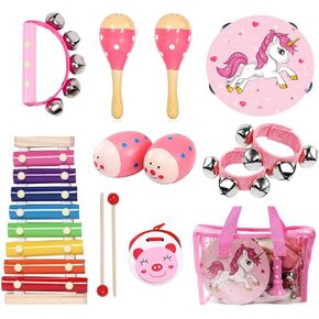 Kids Musical Instruments Sets, 12pcs Wooden Percussion Instruments Toys Tambourine Xylophone for Kids Playing Preschool Education, Early Learning Musical Toys for Boys Girls Gift (Pink)