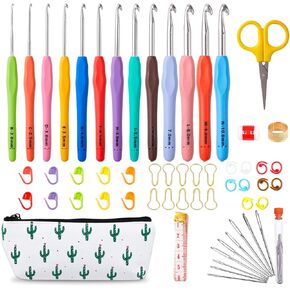 67 Pack Crochet Hooks Set, 13 PCS 2mm(B)-10mm(N) Ergonomic Soft Grip Crochet Handles Yarn Knitting Needles Kit with Case for Arthritic Hand, Crochet Starter Kit for Beginners and Lovers