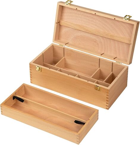 MEEDEN Medium Art Supply Storage Box - Multi-Function Solid Beech Wooden Chest/Art Tool Box with Lift Out Trays for Paint Brush, Pencil, Pastel, and More Art Supplies 14-1/5"W × 5-1/8"D × 4-1/3"H in Saudi Arabia
