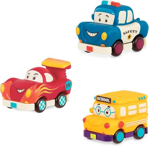 B. toys- Mini Wheeee-ls!- 3 pc Mini Pull-Back Vehicles Set, Bus & Cars, Multi, Hot Rod, School Bus, Police Car- 1 year + in Saudi Arabia