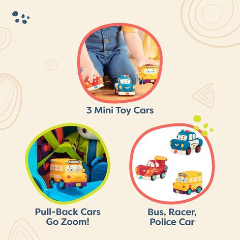 B. toys- Mini Wheeee-ls!- 3 pc Mini Pull-Back Vehicles Set, Bus & Cars, Multi, Hot Rod, School Bus, Police Car- 1 year + in Saudi Arabia