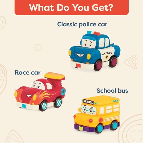 B. toys- Mini Wheeee-ls!- 3 pc Mini Pull-Back Vehicles Set, Bus & Cars, Multi, Hot Rod, School Bus, Police Car- 1 year + in Saudi Arabia