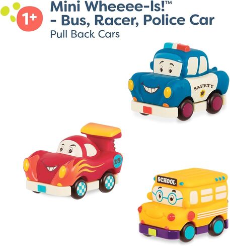 B. toys- Mini Wheeee-ls!- 3 pc Mini Pull-Back Vehicles Set, Bus & Cars, Multi, Hot Rod, School Bus, Police Car- 1 year + in Saudi Arabia