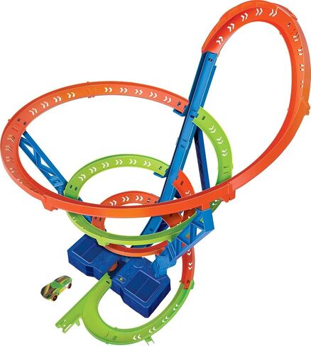 Hot Wheels Toy Car Track Set Spiral Speed Crash, Powered by Motorized Booster, 29-in Tall Track with 1:64 Scale Car, Connects to Other Tracks in Saudi Arabia