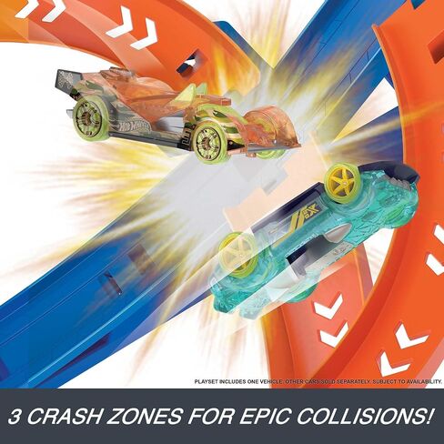 Hot Wheels Toy Car Track Set Spiral Speed Crash, Powered by Motorized Booster, 29-in Tall Track with 1:64 Scale Car, Connects to Other Tracks in Saudi Arabia