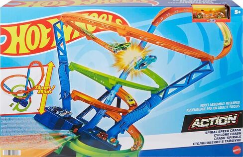Hot Wheels Toy Car Track Set Spiral Speed Crash, Powered by Motorized Booster, 29-in Tall Track with 1:64 Scale Car, Connects to Other Tracks in Saudi Arabia