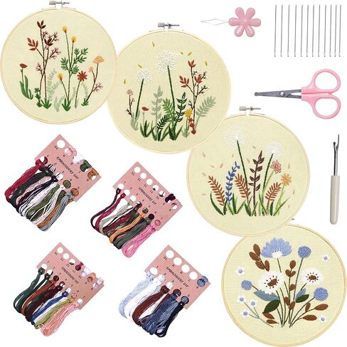 Bonroy 4 Sets Embroidery Set for Beginners Art Crafts Easy Sewing Includes Embroidery Clothes with Pattern, Hoop, Instruction Manual, Color Stitch Set (Assorted 1) in Kuwait