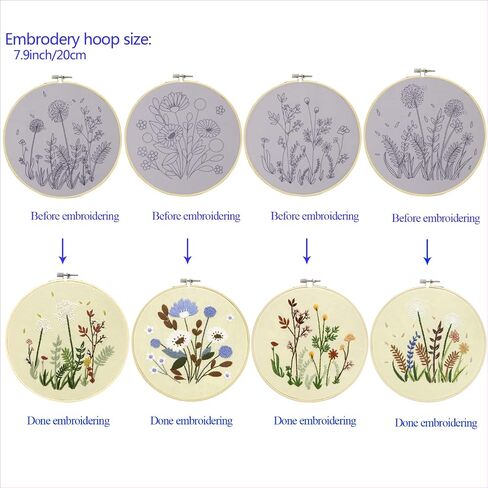 Bonroy 4 Sets Embroidery Set for Beginners Art Crafts Easy Sewing Includes Embroidery Clothes with Pattern, Hoop, Instruction Manual, Color Stitch Set (Assorted 1) in Kuwait