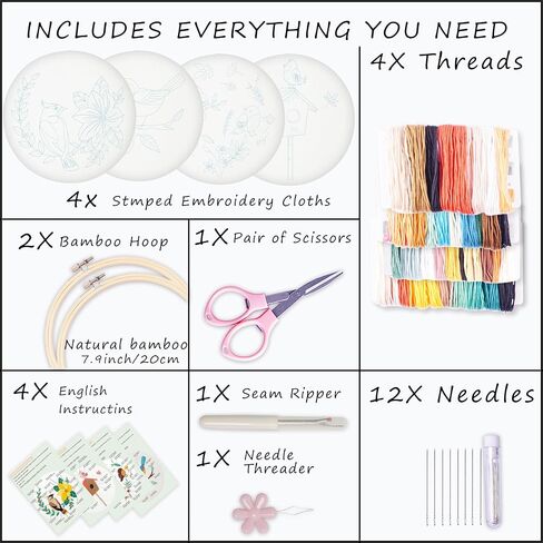 Bonroy 4 Sets Embroidery Set for Beginners Art Crafts Easy Sewing Includes Embroidery Clothes with Pattern, Hoop, Instruction Manual, Color Stitch Set (Assorted 1) in Kuwait