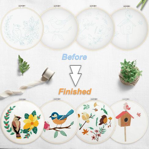 Bonroy 4 Sets Embroidery Set for Beginners Art Crafts Easy Sewing Includes Embroidery Clothes with Pattern, Hoop, Instruction Manual, Color Stitch Set (Assorted 1) in Kuwait