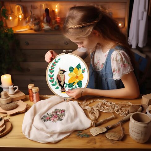 Bonroy 4 Sets Embroidery Set for Beginners Art Crafts Easy Sewing Includes Embroidery Clothes with Pattern, Hoop, Instruction Manual, Color Stitch Set (Assorted 1) in Kuwait